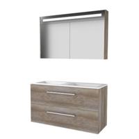 Basic-Line Premium 46 Badkamermeubelset - 120 x 46 cm - Met Grepen - 2 Lades - Acryl Wastafel - Zonder Kraangat - Spiegelkast met LED Verlichting - Scotch Oak