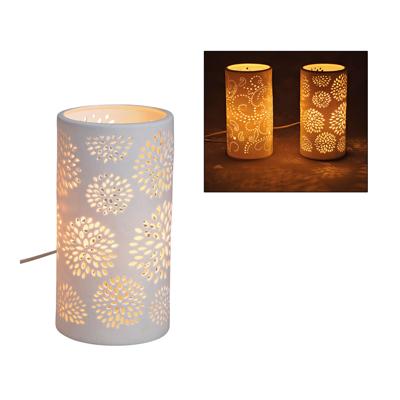 Cilindervormige tafellamp, wit, van porselein, bloemendecor, 10x20x10 cm, zonder lichtbron
