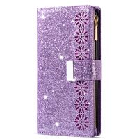 iPhone 14 Pro hoesje - Bookcase - Koord - Pasjeshouder - Portemonnee - Glitter - Bloemenpatroon - Kunstleer - Paars - thumbnail