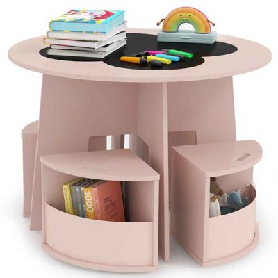 5-Delige Kindertafel- en Stoelset Ronde Tafel met Stapelbare Activiteitenkrukken voor Spelletjes Lezen voor Speelkamer-Roze