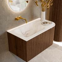 Badmeubel Mondiaz Kurve-Dlux | 85 cm | Meubelkleur Walnut | Wastafelkleur Frappe | Solid surface | Links spoelbak | Zonder kraangat(en) Badmeubel Mondiaz Kurve-Dlux | 85 cm | Meubelkleur Walnut | Wastafelkleur Frappe | Solid surface | Links spoelbak | Zonder kraangat(en)