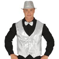 Verkleed set voor heren - gilet/vlinderstrikje/hoed - zilver - pailletten - one size - carnaval Verkleed set voor heren - gilet/vlinderstrikje/hoed - zilver - pailletten - one size - carnaval