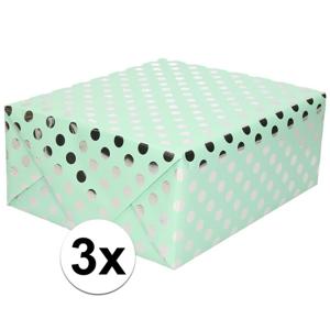 Luxe folie inpakpapier/cadeaupapier - 3x - mintgroen/zilveren stip - 200 x 70 cm