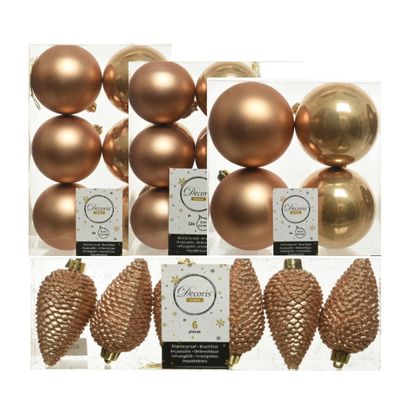 Kerstversiering kunststof kerstballen camel bruin 6-8-10 cm pakket van 50x stuks