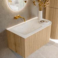 Mondiaz KURVE-DLUX 85 cm Onderkast Greeploos 1 Lade Met Deuren Oak, Wastafel Solid Surface Links Opalo 0 Kraangaten Zonder Spiegel (KRVCLO85R1L1D0KL-Oak/Opa)