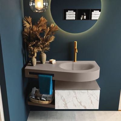 MONDIAZ RIVA 100cm badmeubel onderkast / planchet kleur carrara met 1 lade. Wastafel DULCET rechts 1 kraangat kleur Smoke. MONDIAZ RIVA 100cm badmeubel onderkast / planchet kleur carrara met 1 lade. Wastafel DULCET rechts 1 kraangat kleur Smoke.