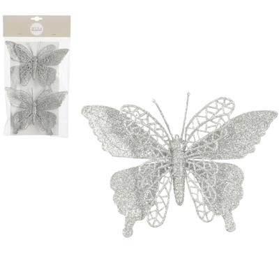Kerstboomversiering Vlinder - 2x stuks - 16 cm - zilver glitter - op clip