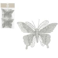 Kerstboomversiering Vlinder - 2x stuks - 16 cm - zilver glitter - op clip
