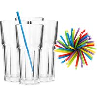 Set van 4x longdrink glazen en 100x duurzame papieren rietjes - 280 ml - thumbnail