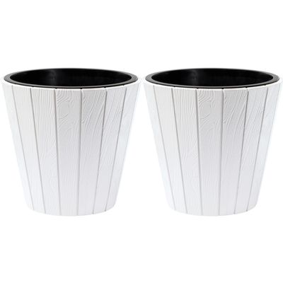 Plantenpot/bloempot Wood Style - 2x - buiten/binnen - kunststof - wit - D35 x H32 cm