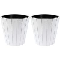 Plantenpot/bloempot Wood Style - 2x - buiten/binnen - kunststof - wit - D35 x H32 cm