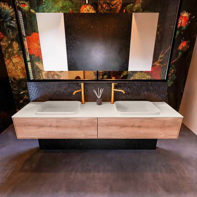 Badkamermeubelset Mondiaz Erin 200 cm met 2 Lades met RIDGE Wastafel Dubbel Linen met 2 kraangaten Greeploos Mat Washed Oak