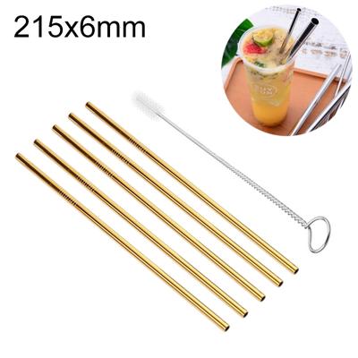 5 stuks herbruikbare RVS recht drinken stro + Cleaner borstel set Kit 215 * 6mm (goud)