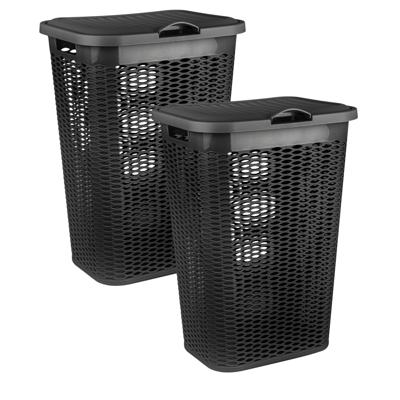 Wasmand Ventilation - 2x - met deksel - zwart - kunststof - 51 liter - 43 x 35 x 61 cm