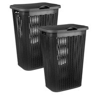 Wasmand Ventilation - 2x - met deksel - zwart - kunststof - 51 liter - 43 x 35 x 61 cm