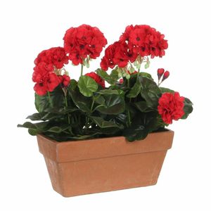 Geranium balkon kunstplant rood in keramieken pot L29 x B13 x H40 cm   -
