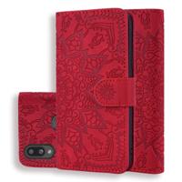 Voor Galaxy A10s kalf patroon Mandala dubbele vouwen ontwerp reliëf lederen draagtas met portemonnee & houder & kaartsleuven (rood) Voor Galaxy A10s kalf patroon Mandala dubbele vouwen ontwerp reliëf lederen draagtas met portemonnee & houder & kaartsleuven (rood)