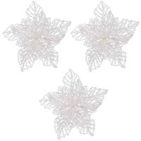 Decoris decoratie bloem - 3x - op clip - wit glitter - 23 cm - kunststof - kerstversiering