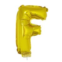 Gouden opblaas letter ballon F op stokje 41 cm