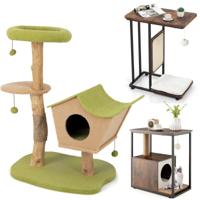 Set van 3 Multifunctionele Kattenmeubels Inclusief Toren met Krabpaal en Kattenhuisje met Antikantelvoorziening