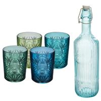 Waterglazen set Ayla - 4x stuks - met waterfles - transparant blauw / groen