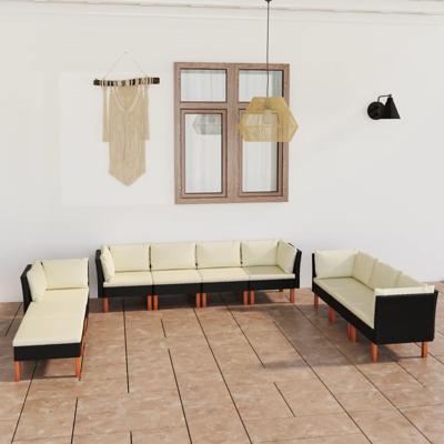 10-delige Loungeset met kussens poly rattan zwart