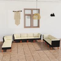 10-delige Loungeset met kussens poly rattan zwart