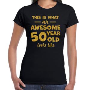 Verkleed T-shirt voor dames - leeftijd 50 jaar - awesome - zwart - glitter goud - Sarah