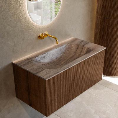 Badmeubel Mondiaz Kurve-Dlux | 90 cm | Meubelkleur Walnut | Wastafelkleur Oza | Solid surface | Wasbak midden spoelbak | Zonder kraangat(en)