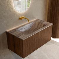 Badmeubel Mondiaz Kurve-Dlux | 90 cm | Meubelkleur Walnut | Wastafelkleur Oza | Solid surface | Wasbak midden spoelbak | Zonder kraangat(en)