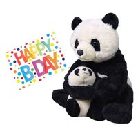 Pluche knuffel panda beer met baby 38 cm met A5-size Happy Birthday wenskaart - Knuffeldier