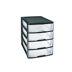 PlasticForte Ladeblok/bureau organizer met 4x lades - zwart/transparant - L35,5 x B27 x H35 cm