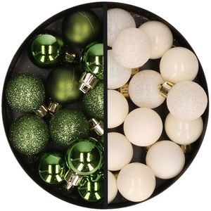 34x stuks kunststof kerstballen groen en wolwit 3 cm