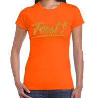 Feestkleding T-shirt voor dames - oranje - glitter goud - Koningsdag