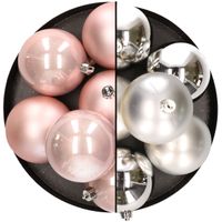 12x stuks kunststof kerstballen 8 cm mix van lichtroze en zilver   -