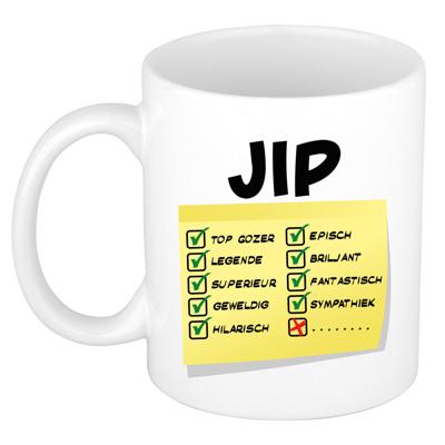 Naam mok Jip - wit - top gozer - keramiek - 300 ml - cadeau collega beker