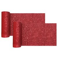 Kerst thema tafelloper op rol - 2x - rood glitter - smal 18 x 500 cm - polyester