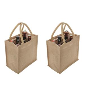 Boodschappentas - 2x - voor 6 flessen - naturel - 29 x 27 cm - jute - boodschappentas