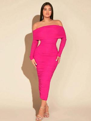 Apricot Off Shoulder Ruched Mesh Bodycon Prom Party Dress Hot Pink / S