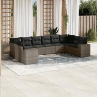 10-delige Loungeset met kussens poly rattan grijs