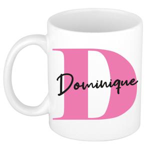 Naam mok Dominique - roze - wit - keramiek - 300 ml - verjaardag/cadeau beker