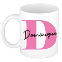 Naam mok Dominique - roze - wit - keramiek - 300 ml - verjaardag/cadeau beker