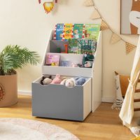 Kinderrek met 3 Planken en Rollende Speelgoedkist Multifunctionele Boekenplank voor Kinderkamer Kleuterschool Grijs + Wit