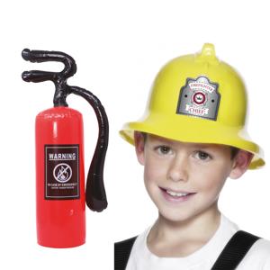 Brandweerman verkleed set - 2 delig - kinderen - helm - brandblusser 55 cm