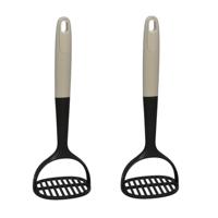 Aardappelstamper/pureestamper - 2x - kunststof - zwart - keuken gerei - 28 cm