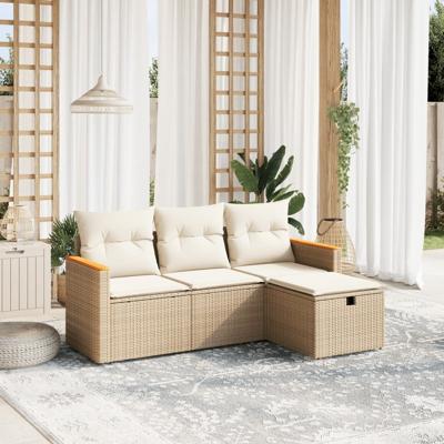 4-delige Loungeset met kussens poly rattan beige