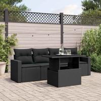 5-delige Loungeset met kussens poly rattan zwart