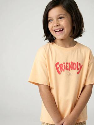 Bedrukt meisjesshirt met korte mouwen lichtgeel Bedrukt meisjesshirt met korte mouwen lichtgeel