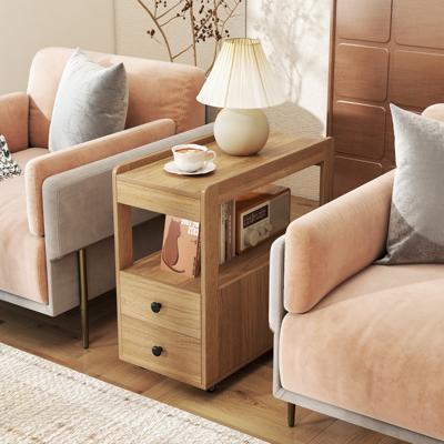 Smalle Bijzettafel Modern Nachtkastje met 2 Lades en Open Planken Opbergorganizer met Vergrendelbare Wielen voor Woonkamer Kantoor