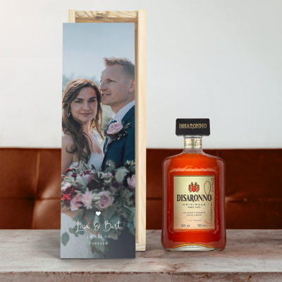 Likeur in bedrukte kist - Amaretto Disaronno